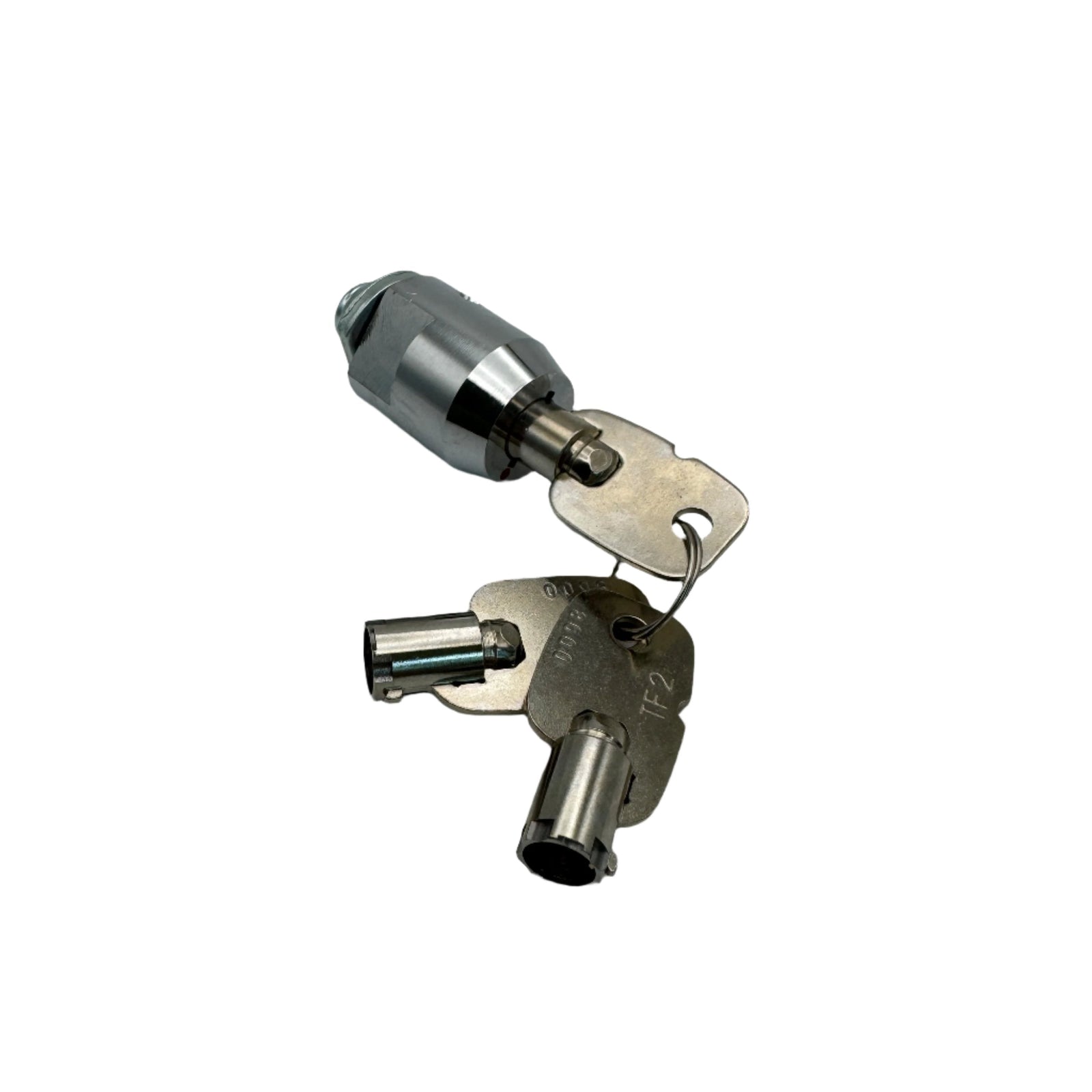 Secure cam lock cylinder with matching keys, top view