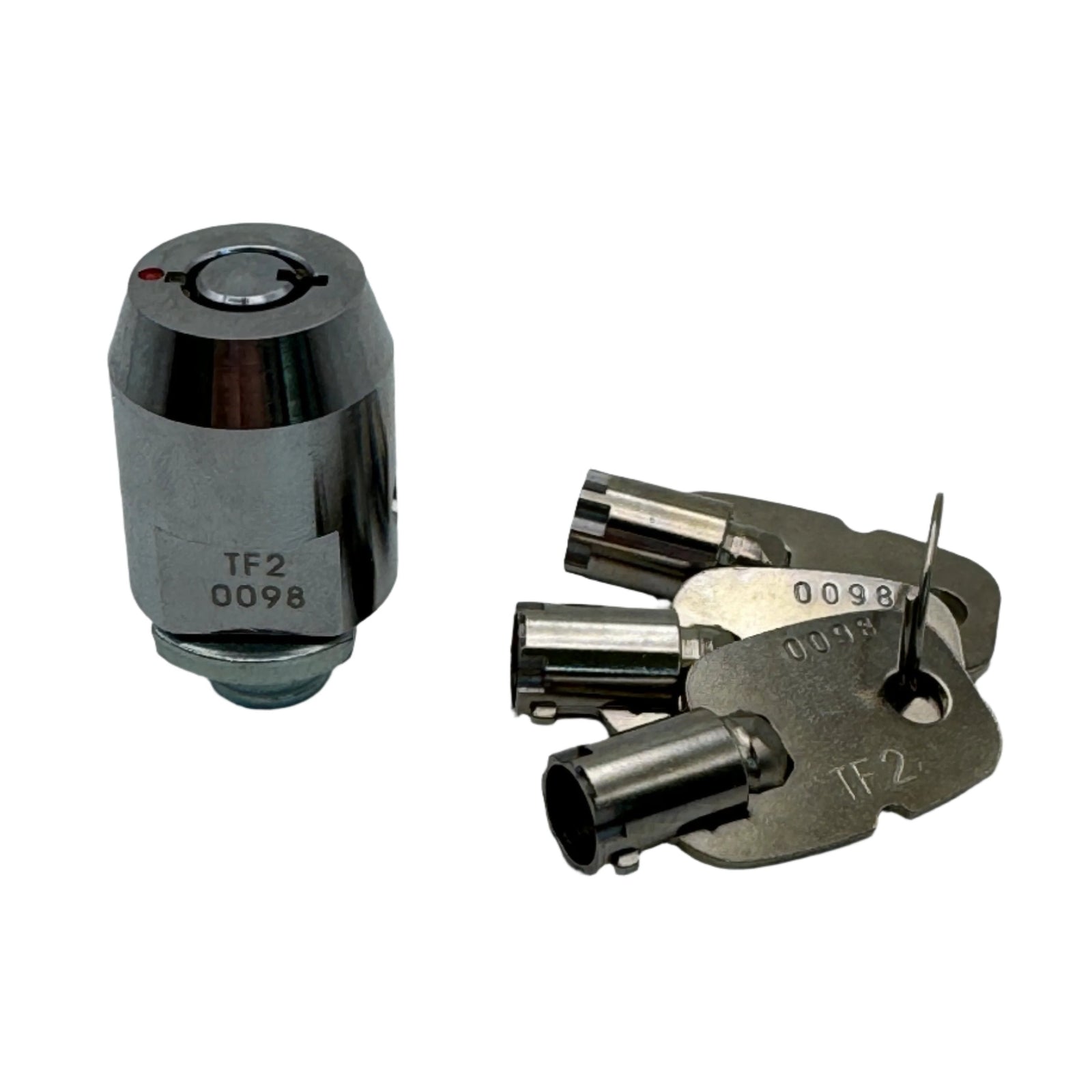 Cam lock cylinder set with keys, angled view