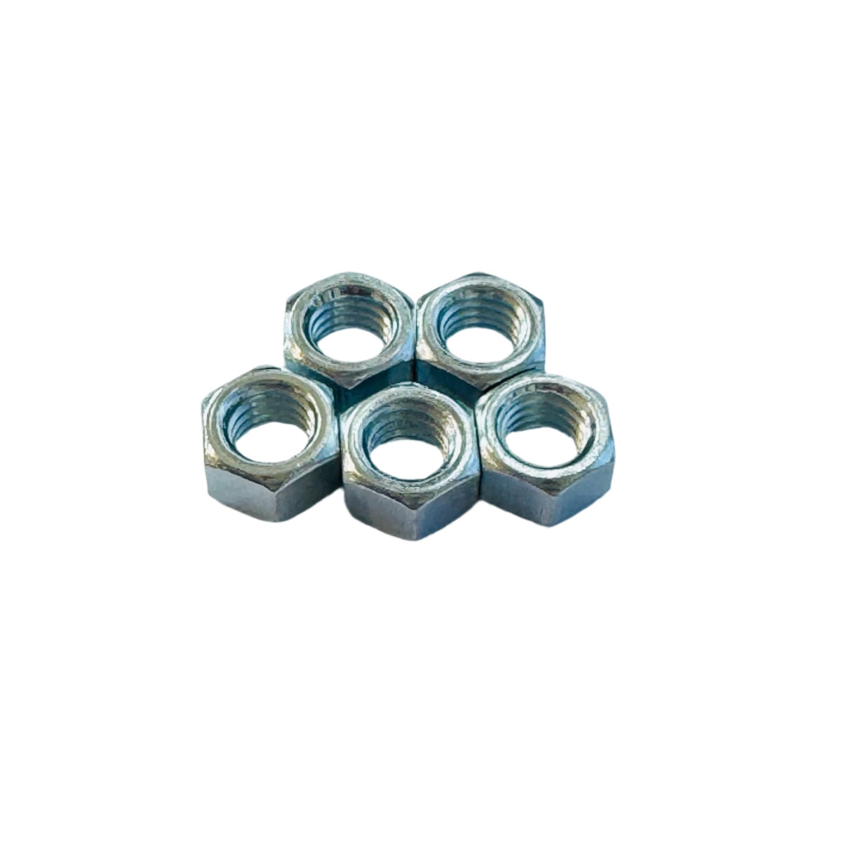 Set of zinc plated 3/8"-16 hex nuts in organized layout for hardware projects
