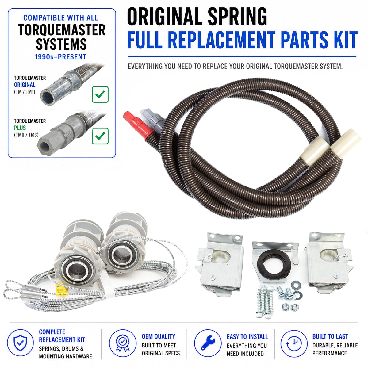 Long life Original Spring Full Replacement Parts Kit for Wayne Dalton TorqueMaster systems with upgraded double springs, cable drums, winding assembly, and hardware.