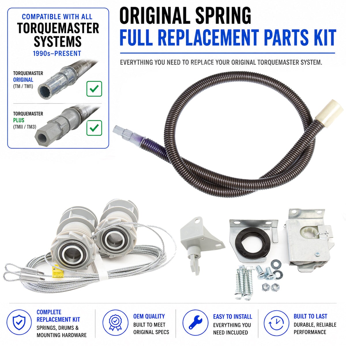 Original Spring Full Replacement Parts Kit for Wayne Dalton TorqueMaster garage doors with single spring, cable drums, winding assembly, and mounting hardware.
