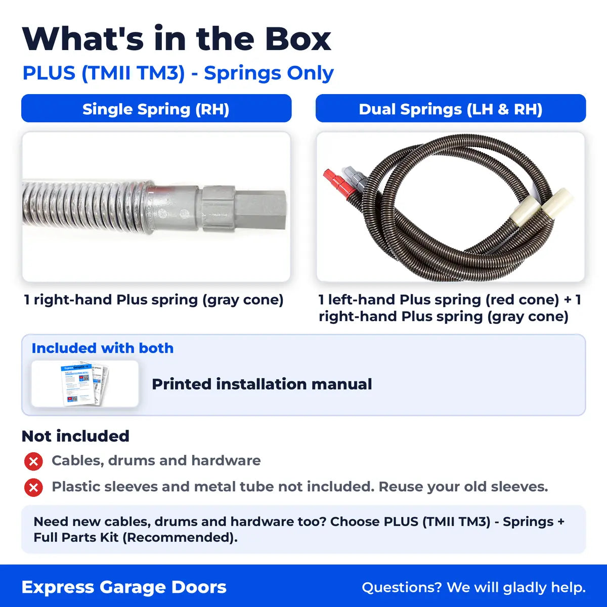 What's in the Box for PLUS (TMII TM3) - Springs Only: single RH spring or dual LH and RH TorqueMaster Plus springs, plus printed installation manual