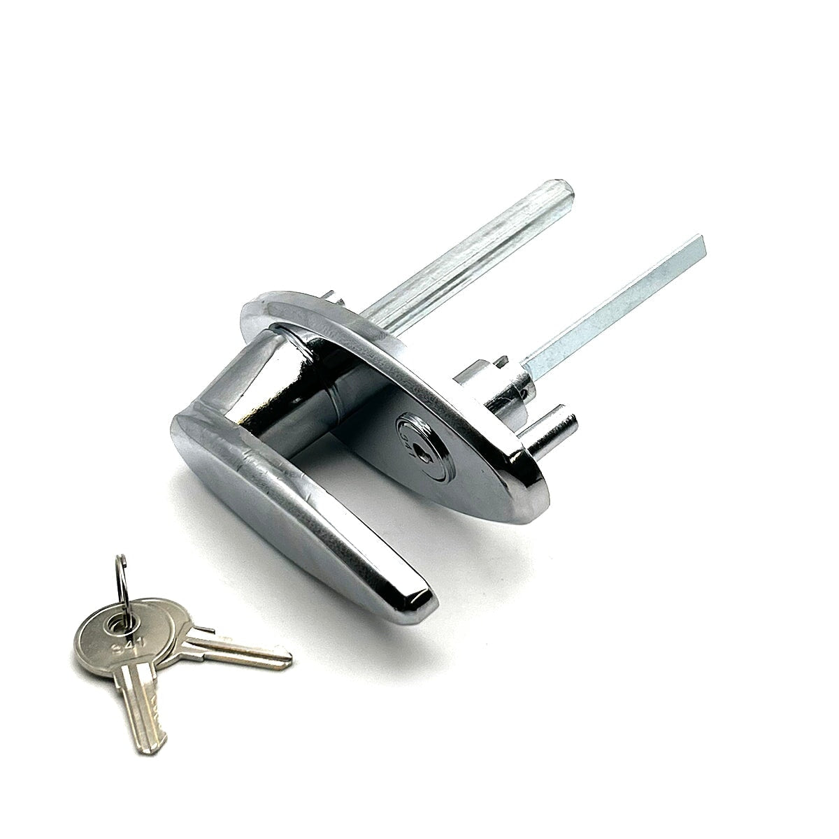 Keyed garage door L handle lock with chrome finish and 360 degree rotation