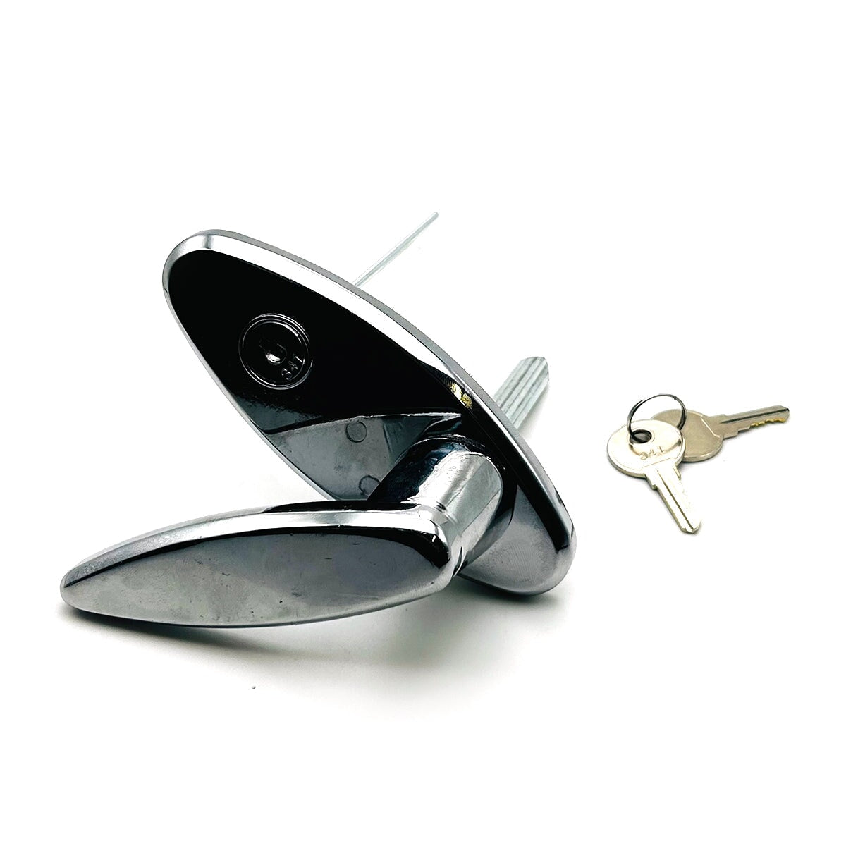 Chrome garage door locking handle with mounting hardware and keyed entry