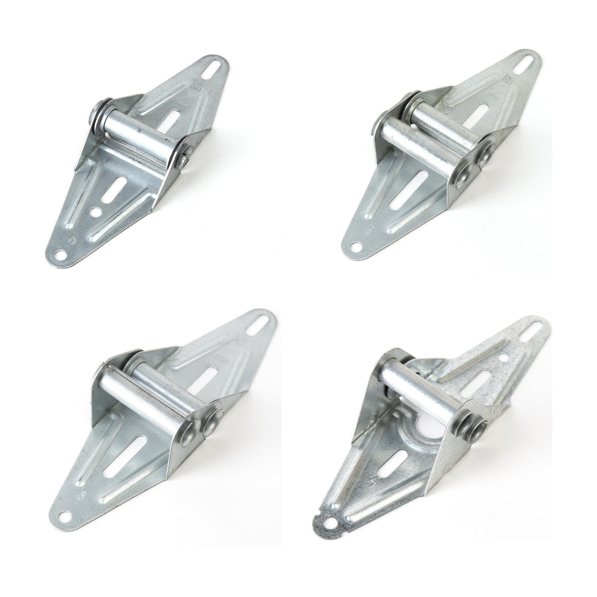 Four silver metal hinge brackets arranged in a 2x2 grid on a plain white background.