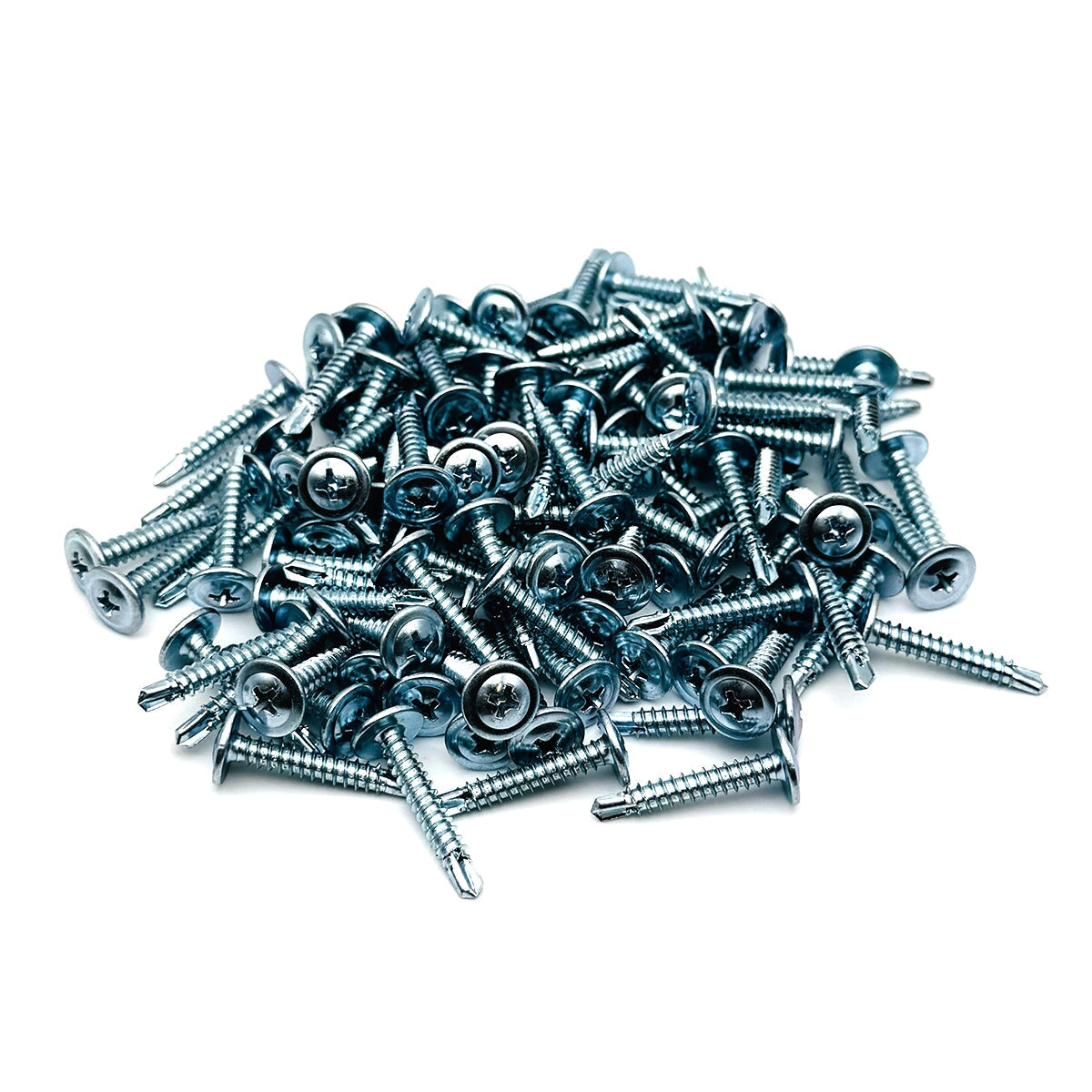 100 pack of #8 x 1 inch self-drilling modified truss head zinc plated screws for garage door