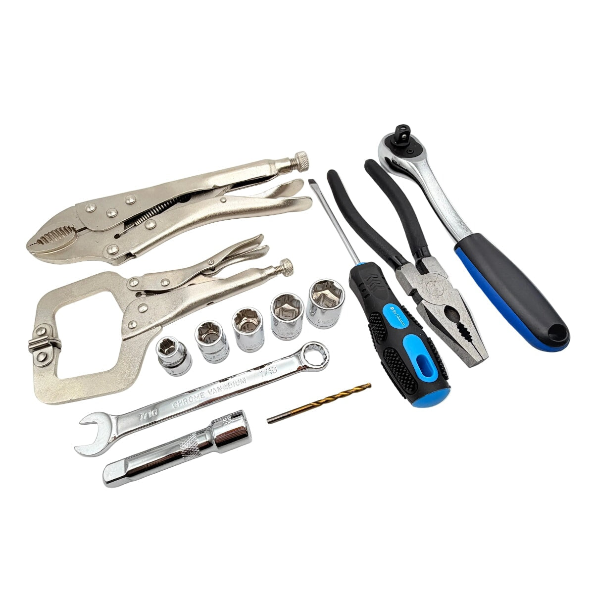 Set of tools including pliers, wrenches, and screwdrivers on a white surface.