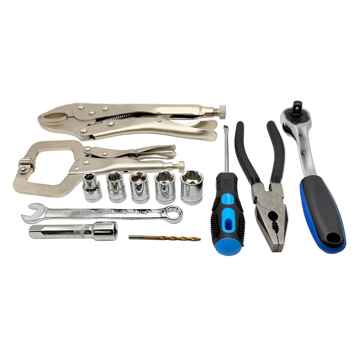 Set of tools including pliers, screwdrivers, and wrenches on a white background