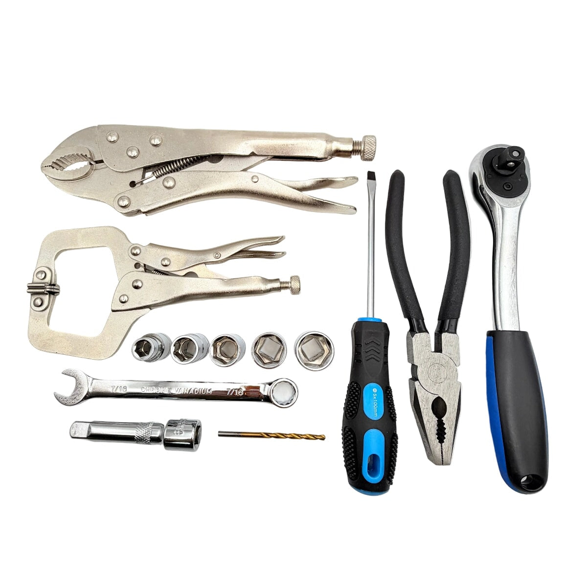 Collection of tools including pliers, wrenches, and screwdrivers on a white surface.