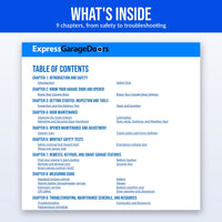 What's Inside (contents, page 2): Table of contents page from Keep Your Garage Door and Opener Running Like New, 2026 Edition, showing all 9 chapters