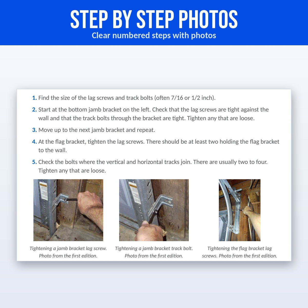 Step by Step Photos (page 15): Ebook page with numbered steps and photos for tightening garage door jamb brackets and flag bracket lag screws