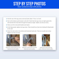 Step by Step Photos (page 15): Ebook page with numbered steps and photos for tightening garage door jamb brackets and flag bracket lag screws