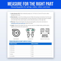 Measure for the Right Part (page 33): Ebook measuring guide page showing how to measure torsion spring inside diameter, wind direction, length, and a wire size chart