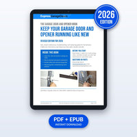 Keep Your Garage Door and Opener Running Like New ebook, 2026 Edition by Express Garage Doors, shown on a tablet, PDF and EPUB instant download