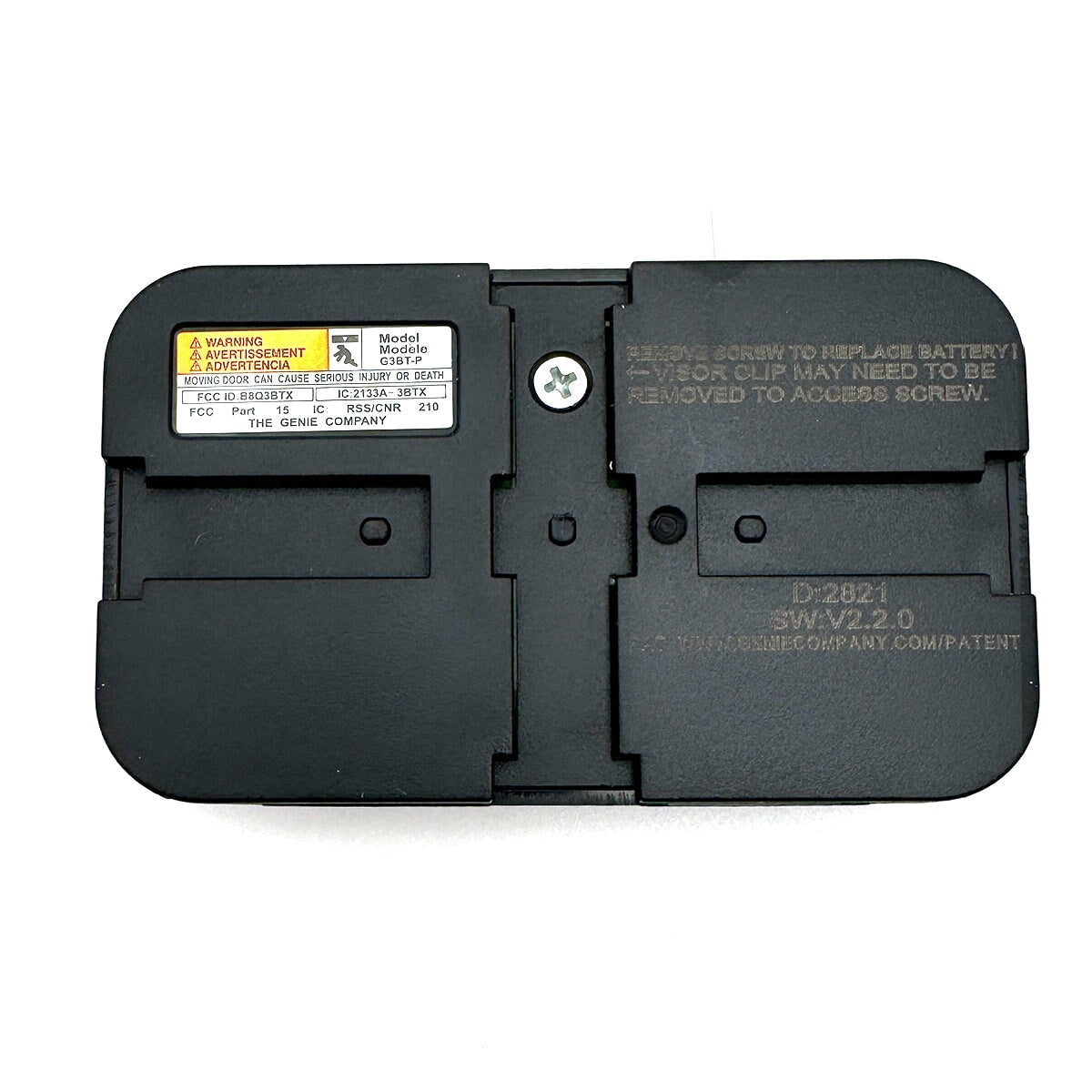 Backside of Genie Garage Door Remote showing battery compartment