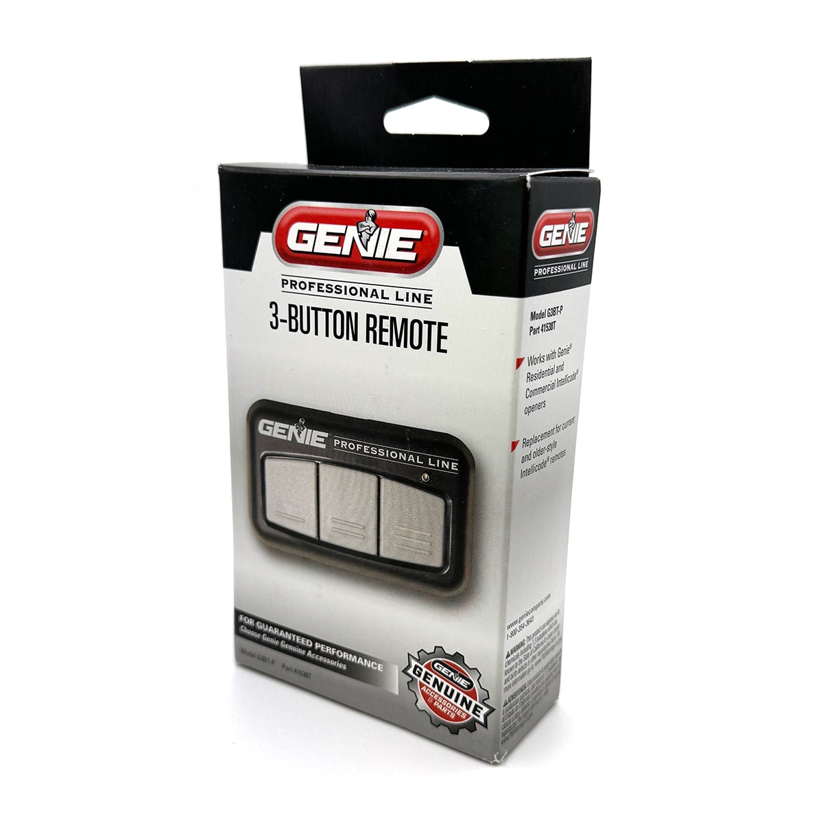 Retail packaging backside of Genie Garage Door Remote GN-G3BT with product information