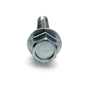 Close-up of the 7/16'' hex head on a zinc lag screw, showing the high-profile design