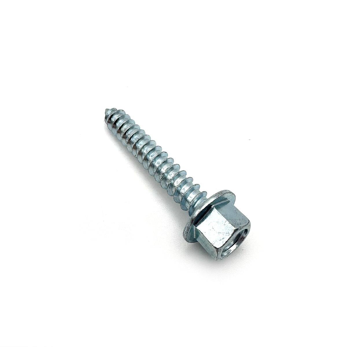 Angled close-up of the zinc lag screw showing the 7/16&#39;&#39; hex head