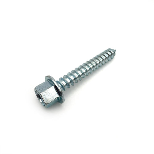 Angled view of a 5/16-9 x 2'' zinc lag screw showing the threading and hex head