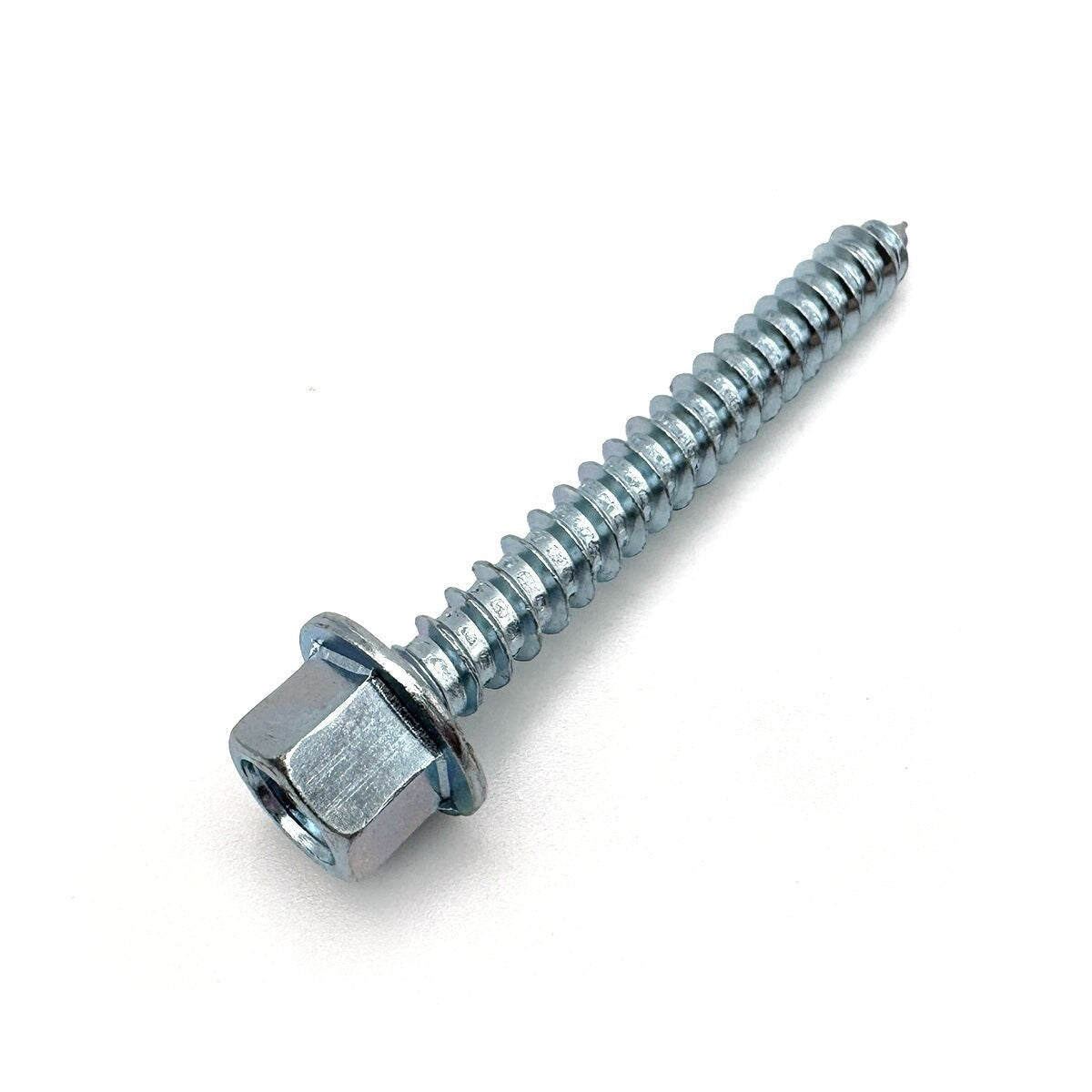 Frontal view of a single zinc-coated lag screw with a 5/16-9 thread and 2 1/2" length