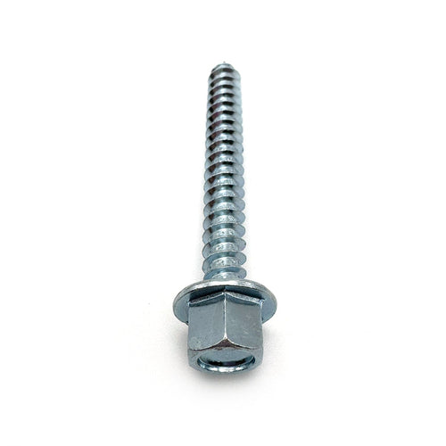 Top-down perspective of the high-profile hex head on a zinc-coated lag screw, emphasizing its compatibility with standard tools for garage door assembly.