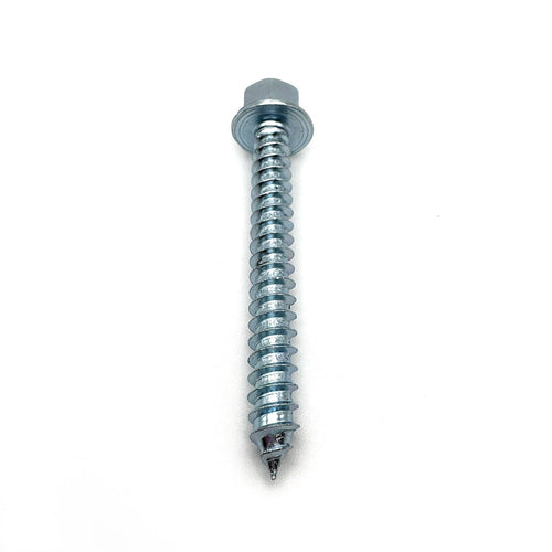 Vertical orientation of a 2 1/2'' zinc lag screw, emphasizing its length and threaded shaft