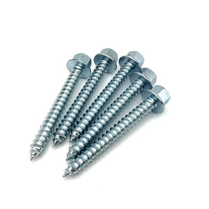 high-profile hex head lag screws in zinc, grouped to show uniformity in size and threading for secure garage door mounting