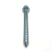 Close-up of the threaded body of a 5/16-9 x 3'' zinc lag screw, showing the detailed screw ridges.