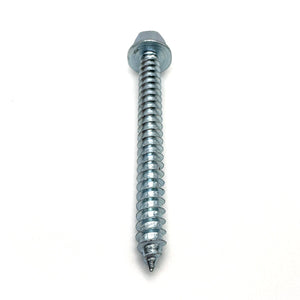 Close-up of the threaded body of a 5/16-9 x 3'' zinc lag screw, showing the detailed screw ridges.