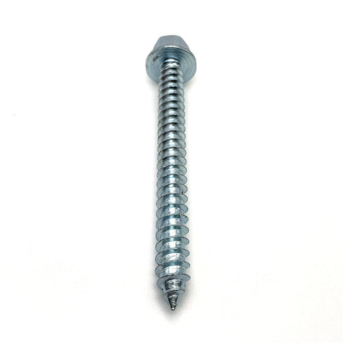 Close-up of the threaded body of a 5/16-9 x 3'' zinc lag screw, showing the detailed screw ridges.