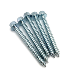 Multiple 5/16-9 x 3'' garage door lag screws with hex heads, displaying the size and zinc material