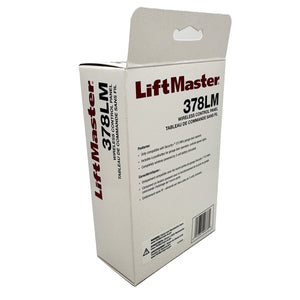 Back view of LiftMaster 378LM packaging showing product features and compatibility