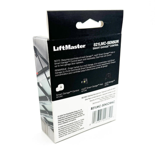 Back of LiftMaster 821LMC-SENSOR packaging highlighting the features and installation guide.