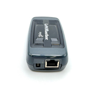Ethernet port close-up on the LiftMaster 828LM Internet Gateway, highlighting network connectivity