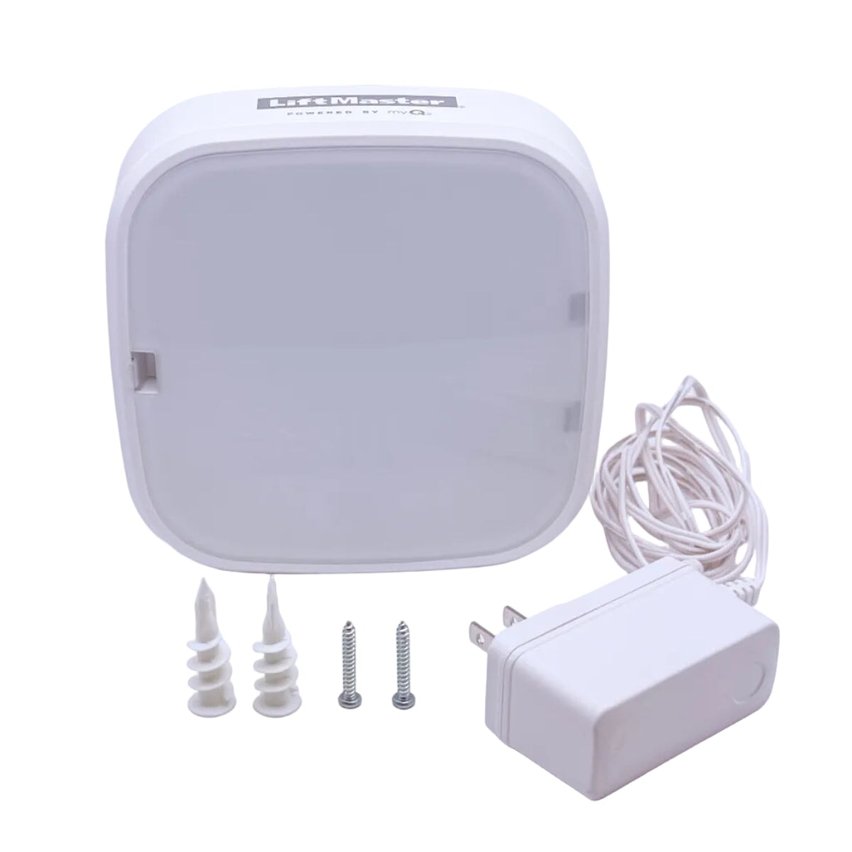 Smart garage LED light plugged into outlet with myQ app control and wall mount