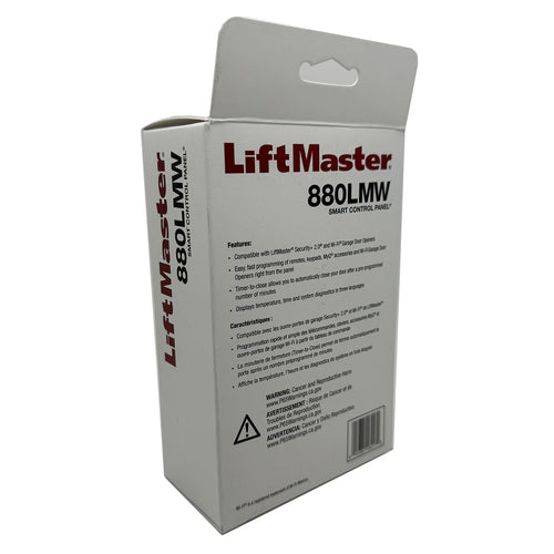 Rear side of the LiftMaster 880LMW packaging with installation instructions