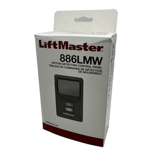 LiftMaster 886LMW Wall Control Panel in retail packaging with product image