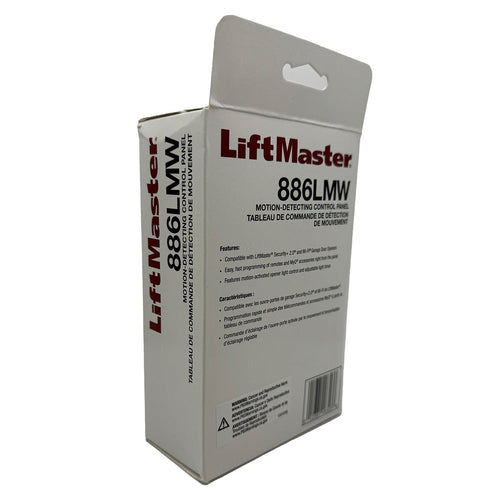 Back of LiftMaster 886LMW packaging, detailing product features and specifications