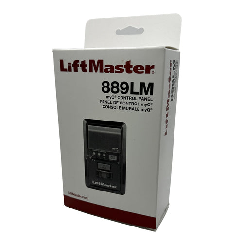 Front packaging of LiftMaster 889LM MyQ Control Panel featuring product image