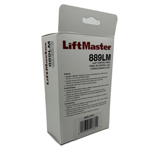 Rear packaging of LiftMaster 889LM with installation instructions and feature list.