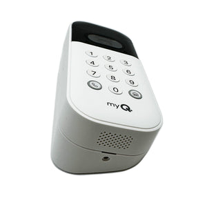 Angled view of the LiftMaster VKP1, emphasizing the camera lens and keypad buttons.