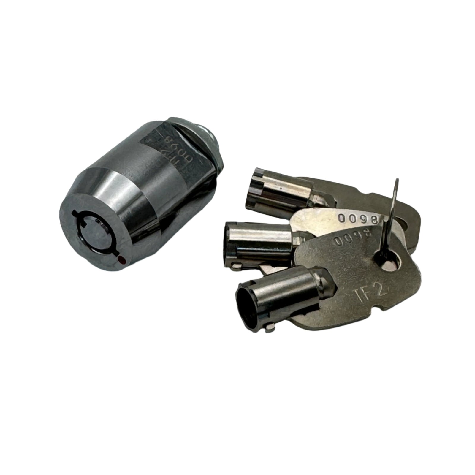 Cam lock cylinder with keys for die-cast mini lock, front view