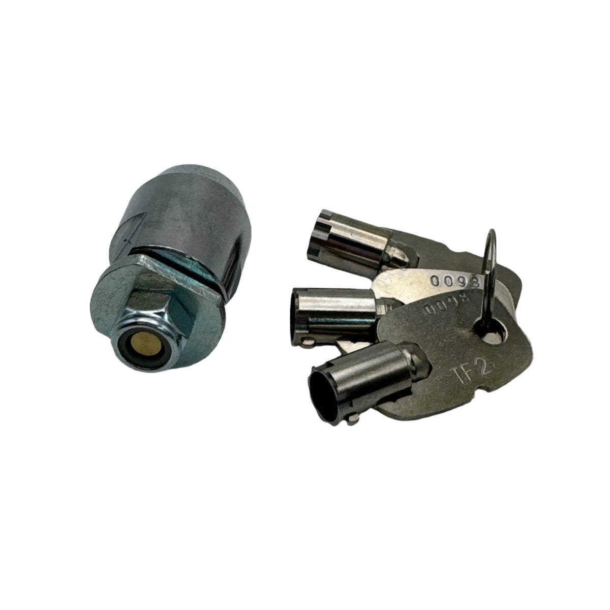 Garage door cam lock cylinder with multiple keys, side view