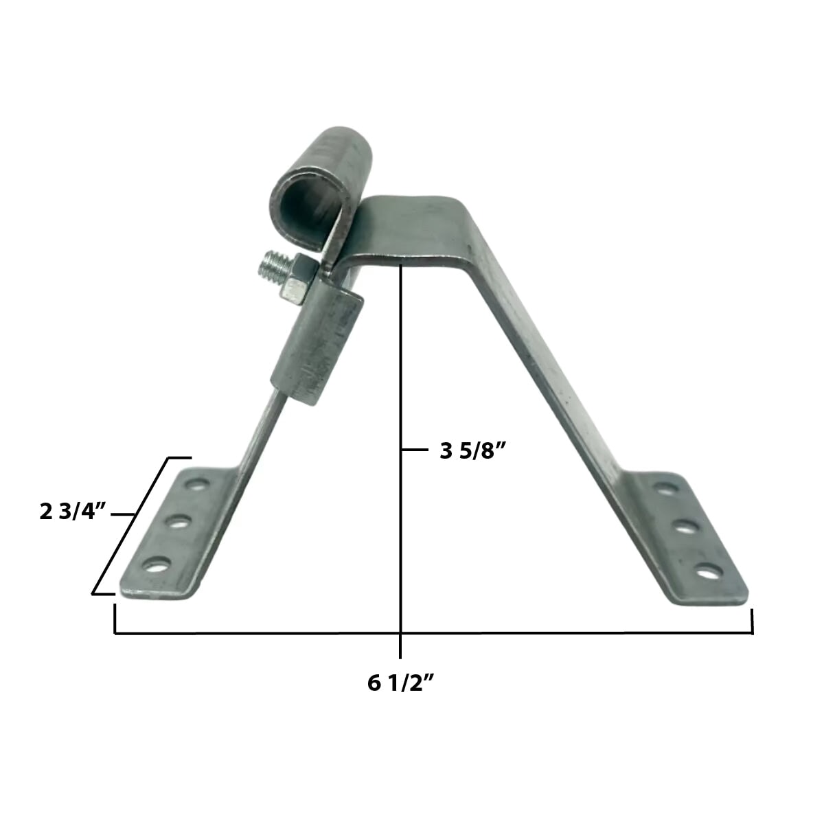 Metal bracket with dimensions labeled on a white background