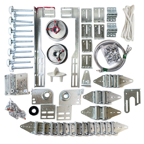 Assorted garage door hinges and brackets for torsion spring systems