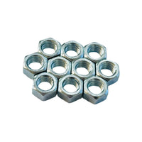 Multiple 3/8"-16 zinc hex nuts grouped together for industrial or construction use