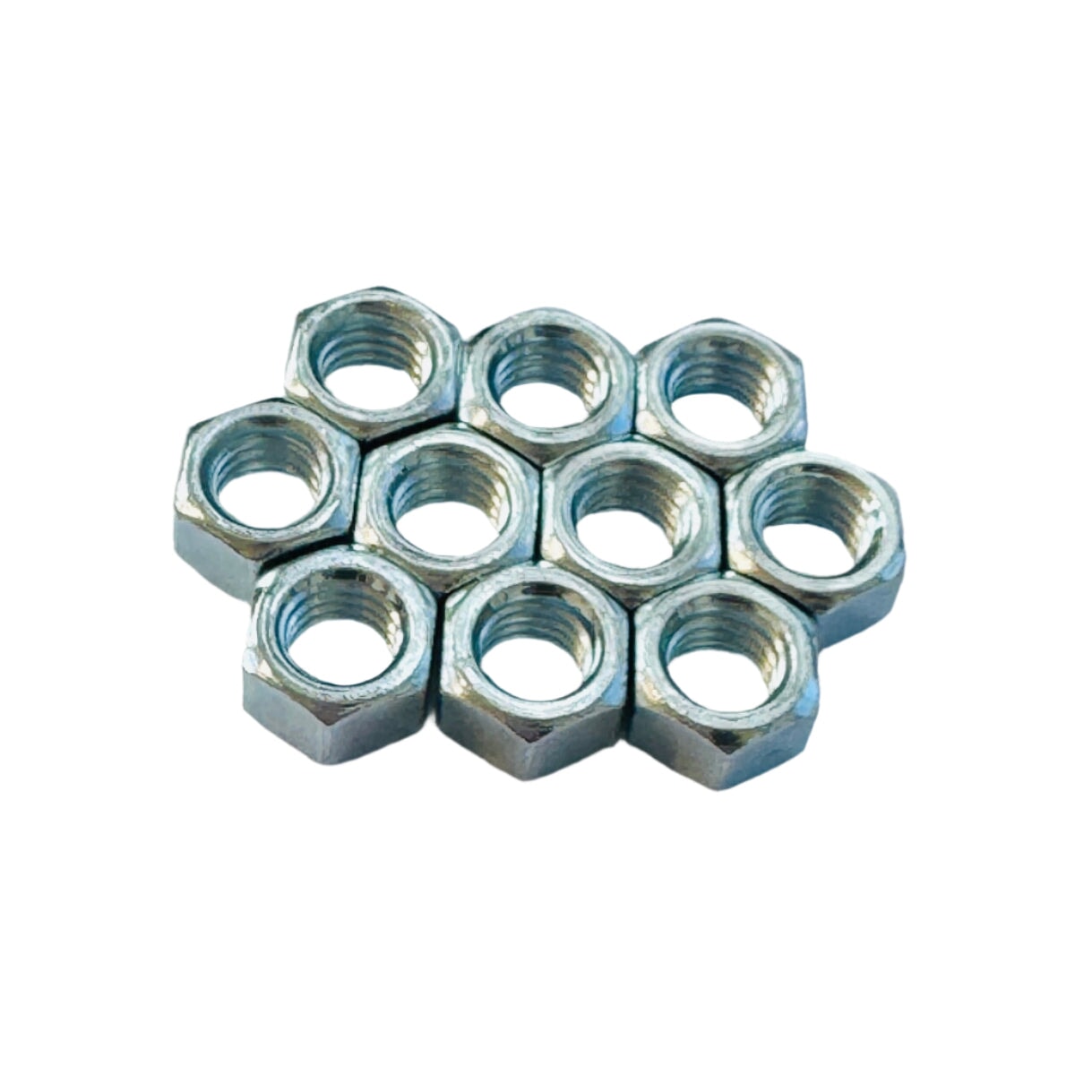Multiple 3/8"-16 zinc hex nuts grouped together for industrial or construction use