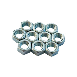 Multiple 3/8"-16 zinc hex nuts grouped together for industrial or construction use