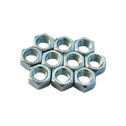 Multiple 3/8"-16 zinc hex nuts grouped together for industrial or construction use