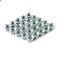 Flat display of finished hex nuts zinc plated for corrosion resistance and durability